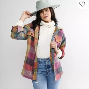 BiBi Oversized Purple Button-Up Multi-Color Plaid Check Shacket Medium Large Xl